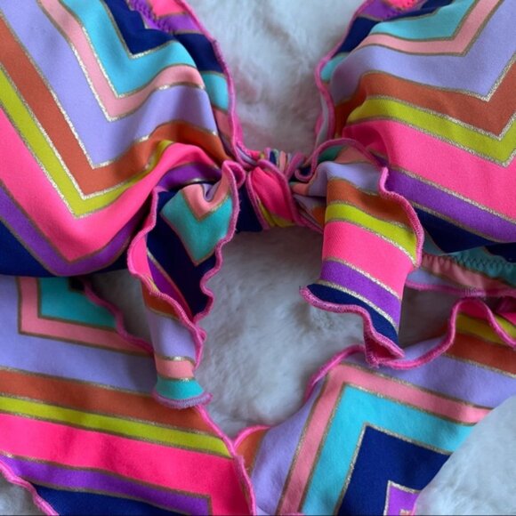 Victoria's Secret | Rainbow Foil Ruffle Chevron Stripe Bikini Top | Size Large - Picture 3 of 12